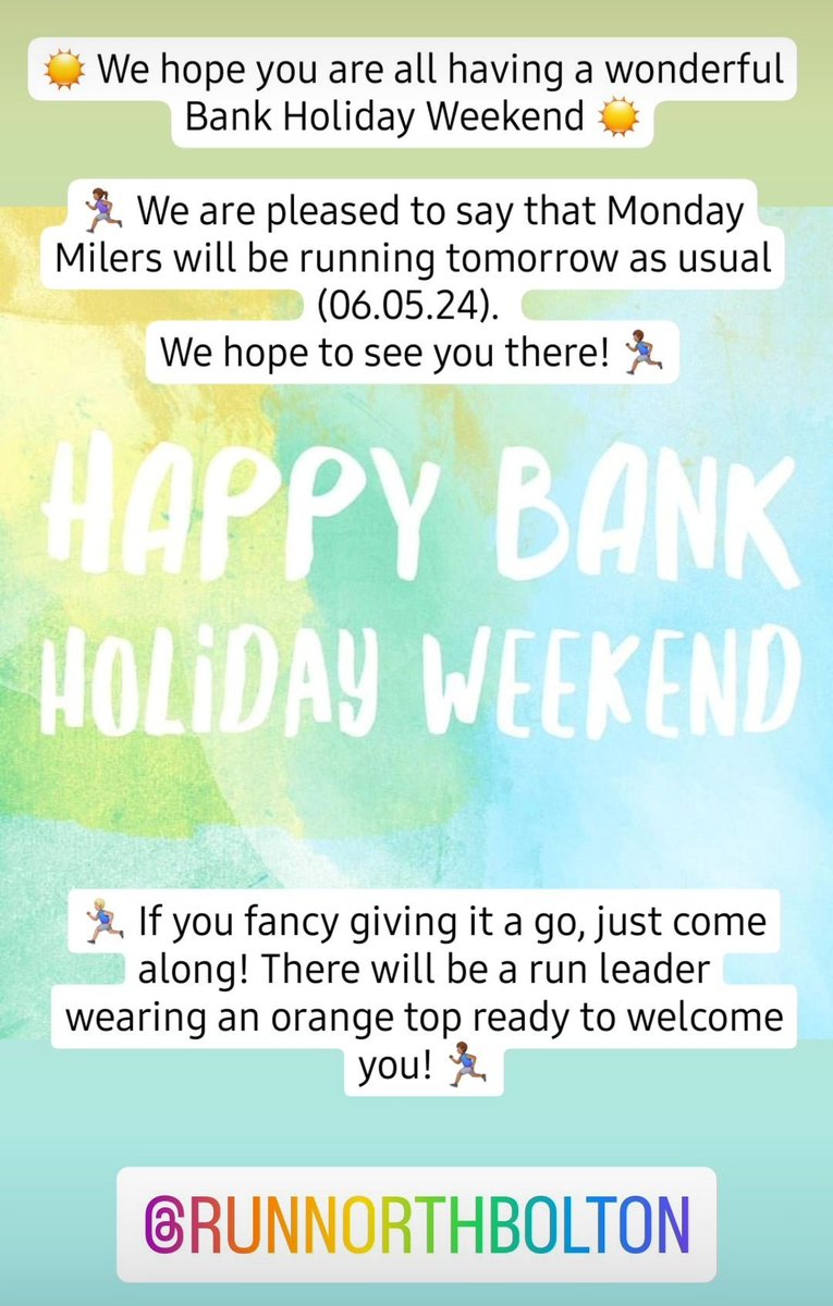 Finish the long weekend with a run! Monday milers is running as normal tomorrow. See you there 🏃🏽🏃🏻‍♀️
#NoOneLeftBehind