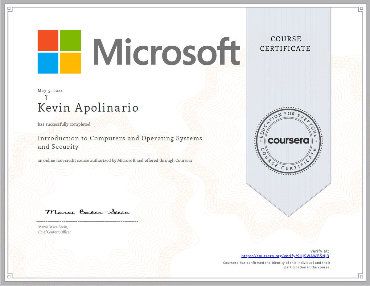 Just completed:

Introduction to Computers and Operating Systems and Security

Appreciate Coursera for this course. Lots of great information.

Happy Sunday!

#itsupport #itsupportspecialist #helpdesk #helpdesksupport #servicedesk #careers #microsoft #servicedeskanalyst
