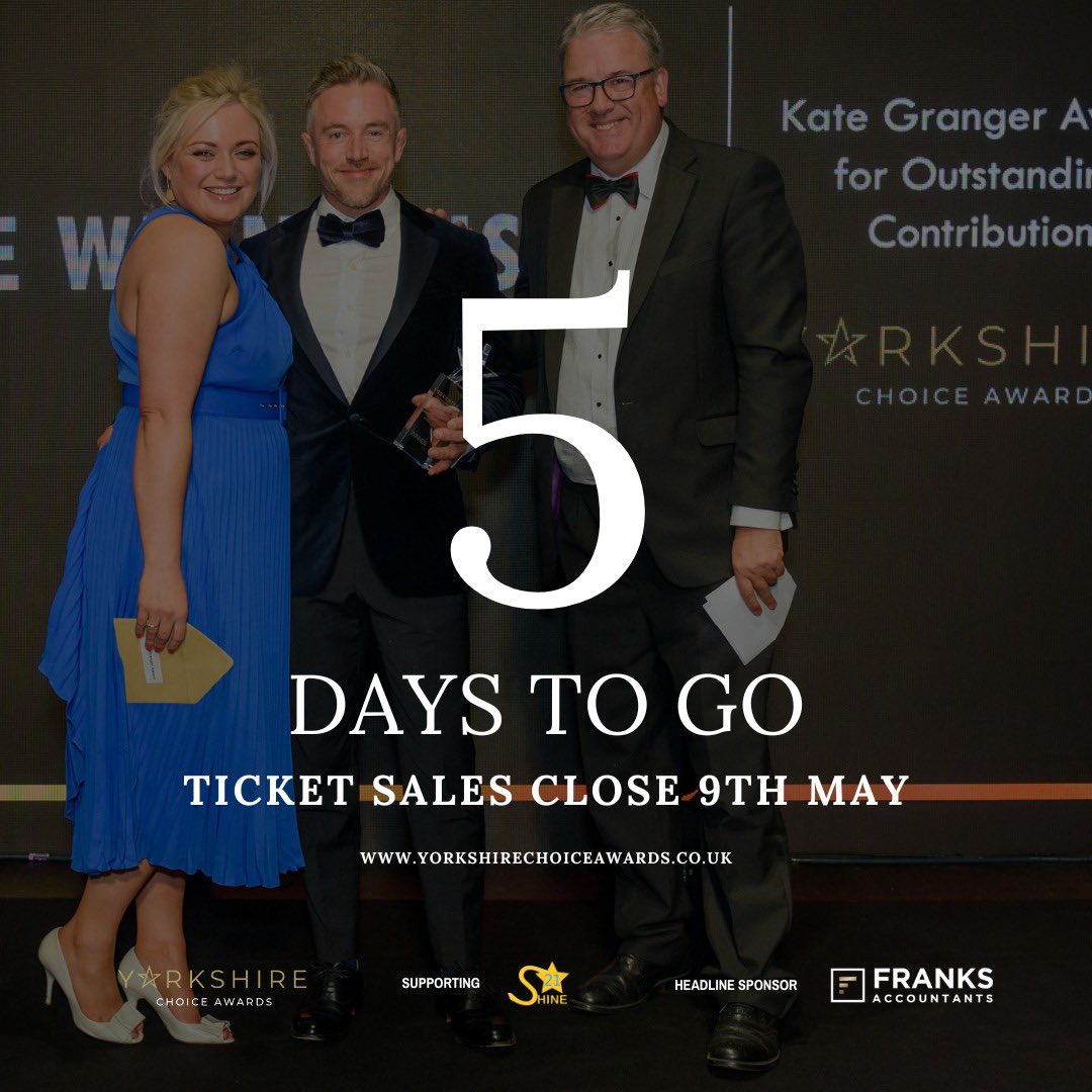 Don't delay! Just 5 days left to secure your tickets for the 2024 Yorkshire Choice Awards🎉 Time is running out, so grab your seats now for an unforgettable evening!🌟 Place your booking here: yorkshirechoiceawards.co.uk/tickets #YorkshireChoiceAwards #yca2024 #yorkshire