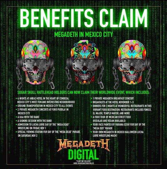 💀WORLDWIDE EVENT💀 “MEGADETH IN MEXICO CITY” has just announced! So, Rattlehead Sugar Skull holders your time is now! This is your WORLDWIDE EVENT perk! The event claim is LIVE NOW on MegadethDigital.io and will stay open until July 26th, 2024 11:59pm EST. This is a…