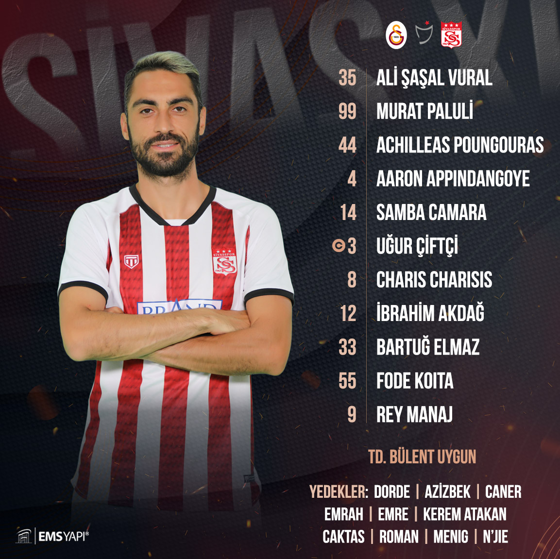 Galatasaray ile EMS Yapı Sivasspor'umuz arasında oynanacak maçta takımımızın ilk 11'i belli oldu. 📲 #GSvSVS | #GösterGücünü