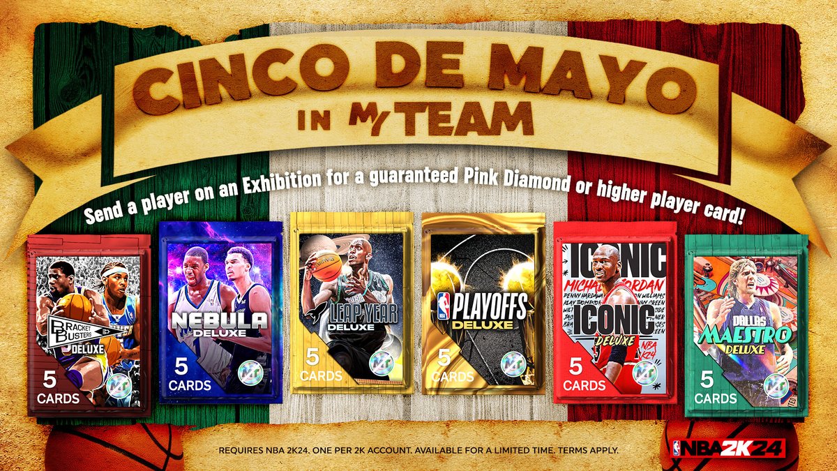 Celebrate Cinco de Mayo with an Exhibition Mission in MyTEAM! 🗺 Send one of your player cards to this event and receive a Deluxe Pack containing a guaranteed Pink Diamond or higher Player Card!