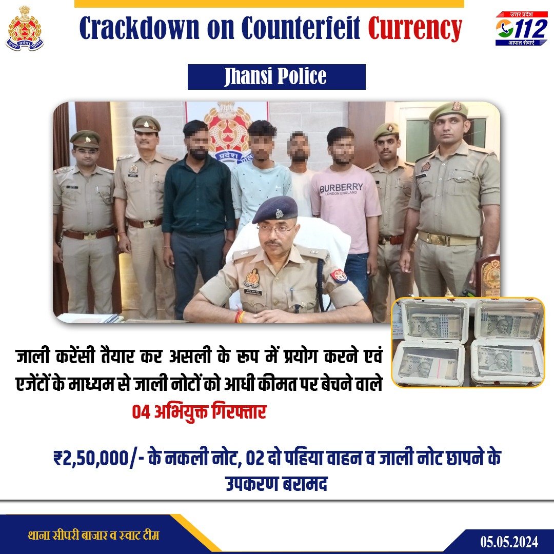 Cracking Against The Counterfeit- जाली करेंसी तैयार कर असली के रूप में प्रयोग करने व एजेंटों के माध्यम से जाली नोटों को आधी कीमत पर बेचने वाले 4 अभियुक्तों को @jhansipolice द्वारा गिरफ्तार कर उनके कब्जे से ₹2.5लाख के नकली नोट व नोट छापने के उपकरण बरामद किए गए हैं #WellDoneCops