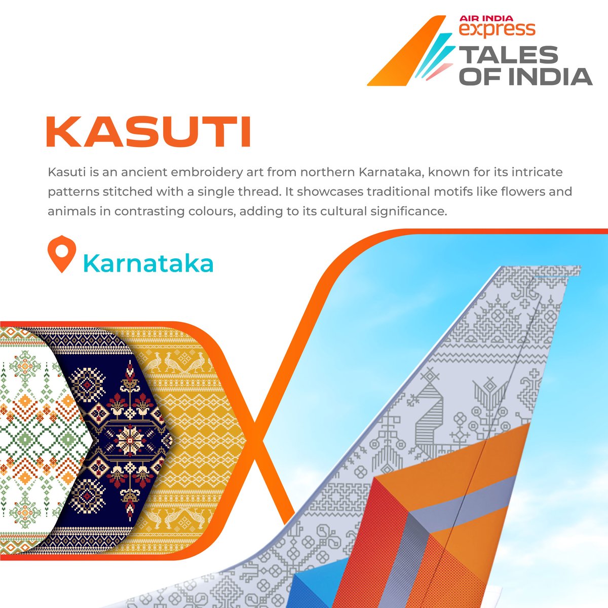 Delve into the timeless elegance of India's cultural heritage with #TalesOfIndia! Proudly displayed on the tail of our very own VT-BXO is the exquisite Kasuti embroidery, with its origins in northern Karnataka. Renowned for its intricacy and finesse, Kasuti patterns are