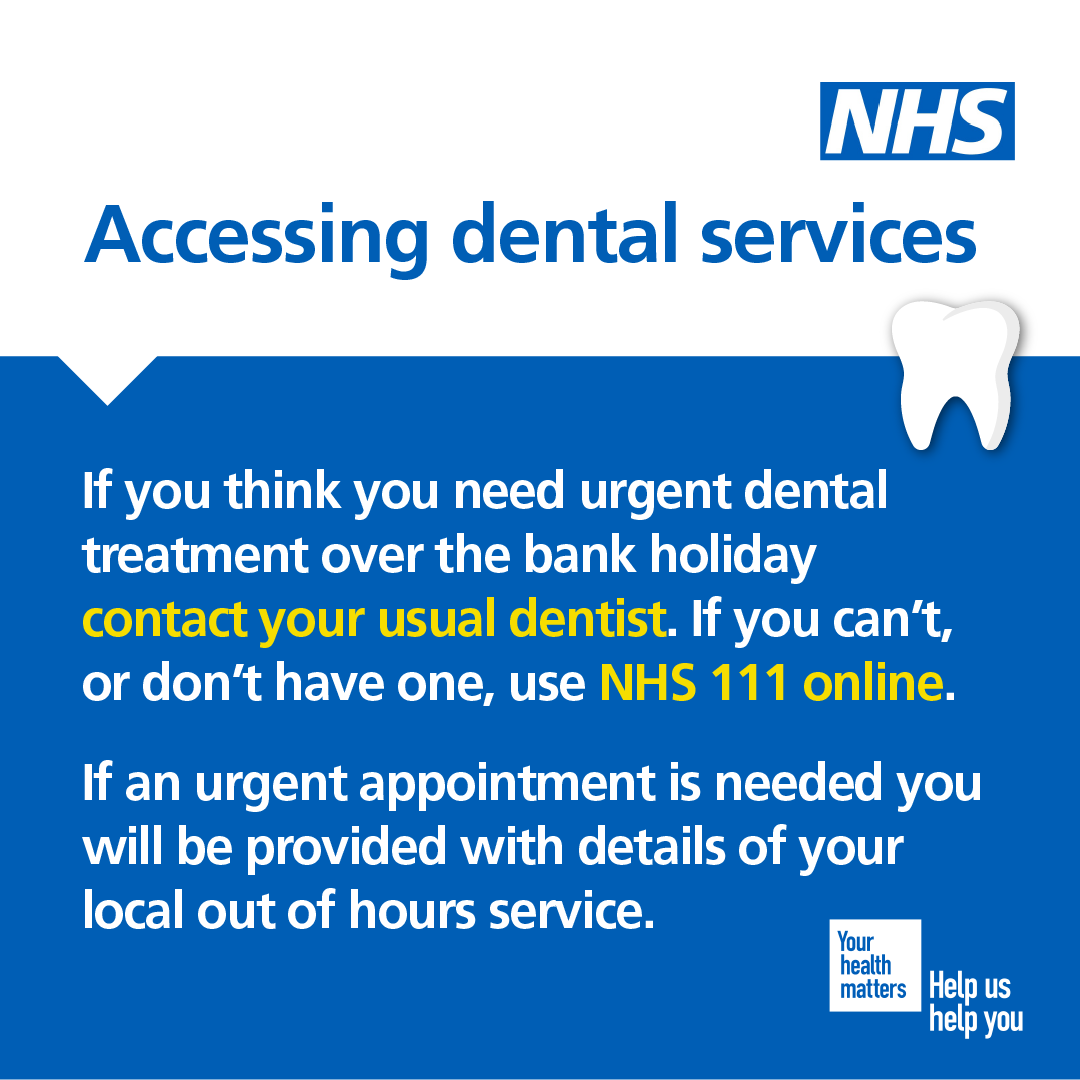 If you need urgent dental treatment over the bank holiday, contact your usual dentist. If you cannot contact your dentist, use NHS 111 online or call 111 for information about your local out of hours service. 🦷 ➡️ orlo.uk/xrtgM