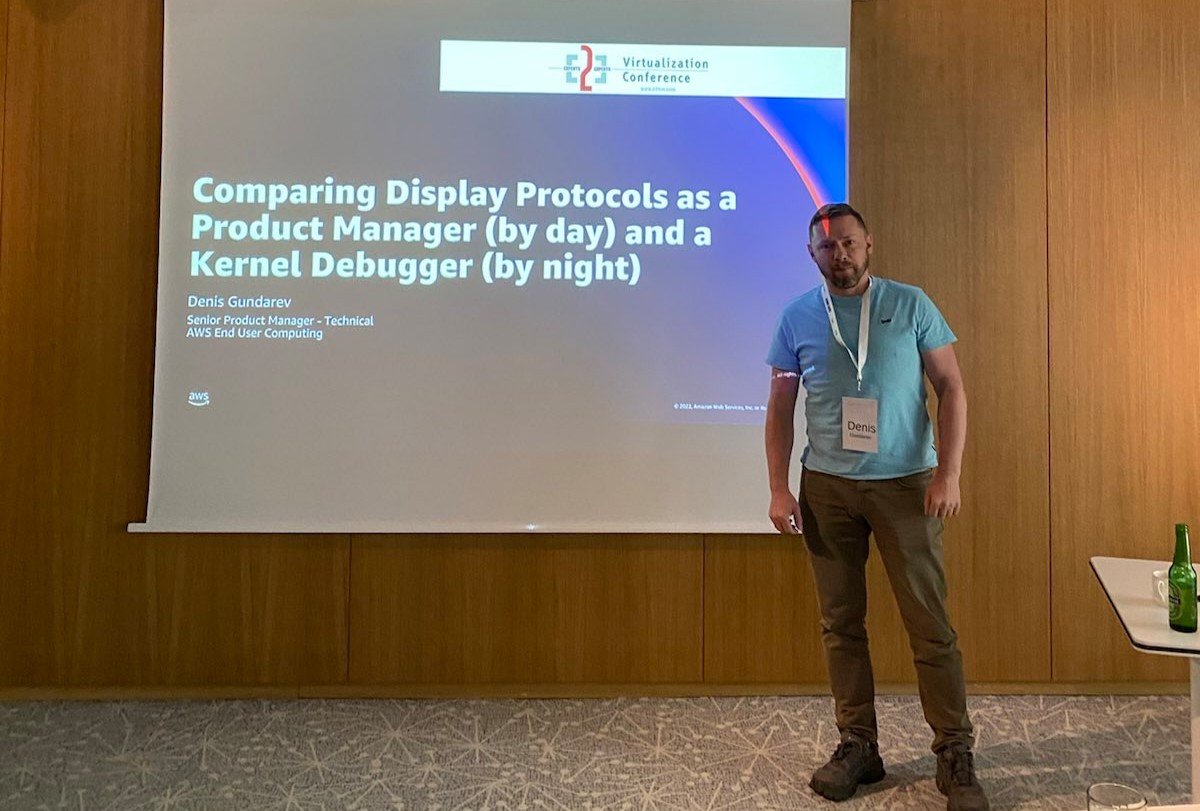 Dark Cardinal of Remote Protocols <a href="/fdwl/">Denis Gundarev</a> with deepest knowhow on remote protocols (along with <a href="/drtritsch/">Benny Tritsch</a>) out there on Remote Protocols comparison! AWESOME session Denis! #AWS #Workspaces #E2EVC Madrid
