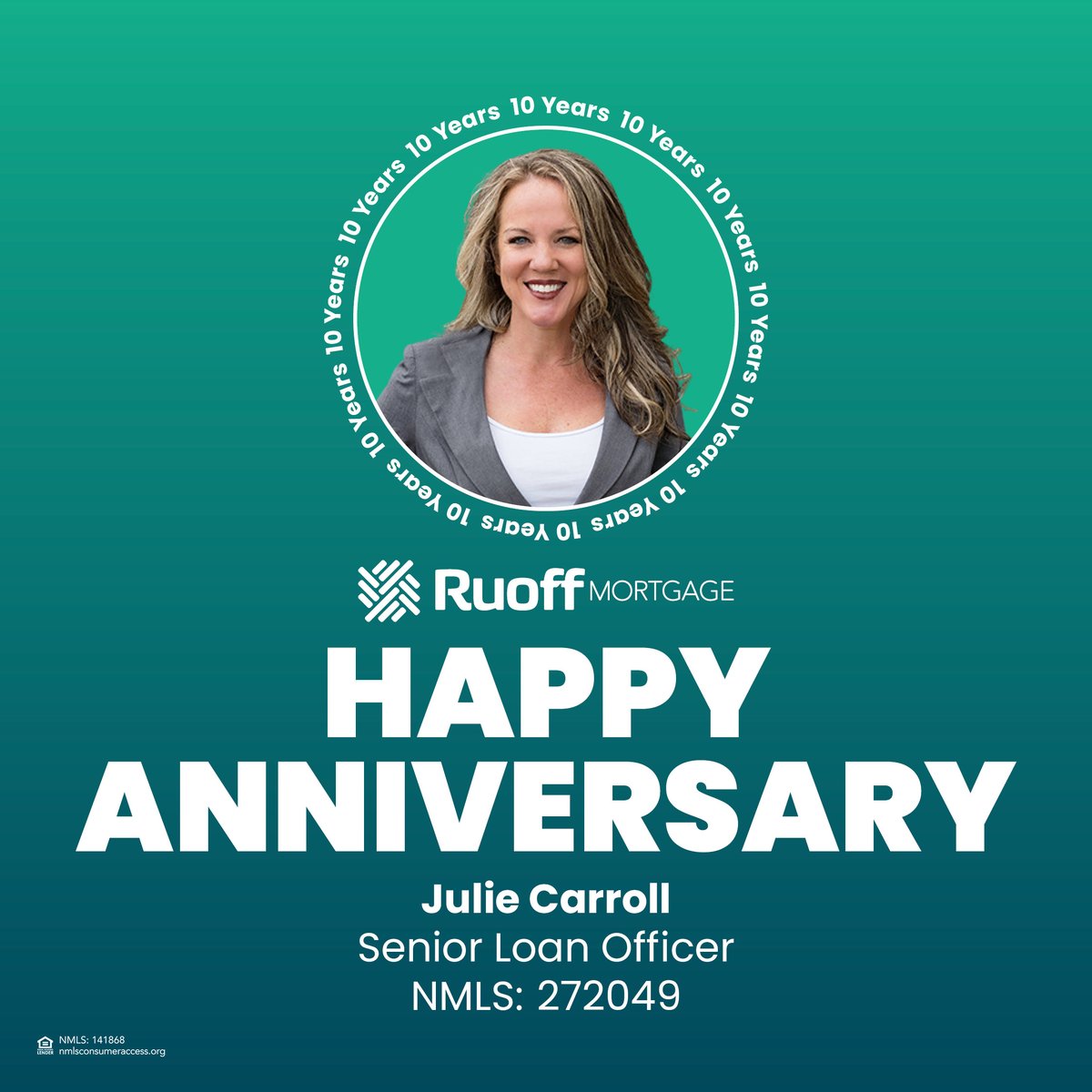 Congratulations on a decade of effort and community impact! Julie Carroll is celebrating ten years as a Senior Loan Officer at Ruoff Mortgage, where she is known for her dedication to outstanding service and real estate experience. Wishing you many more years of success! 🎉🤩