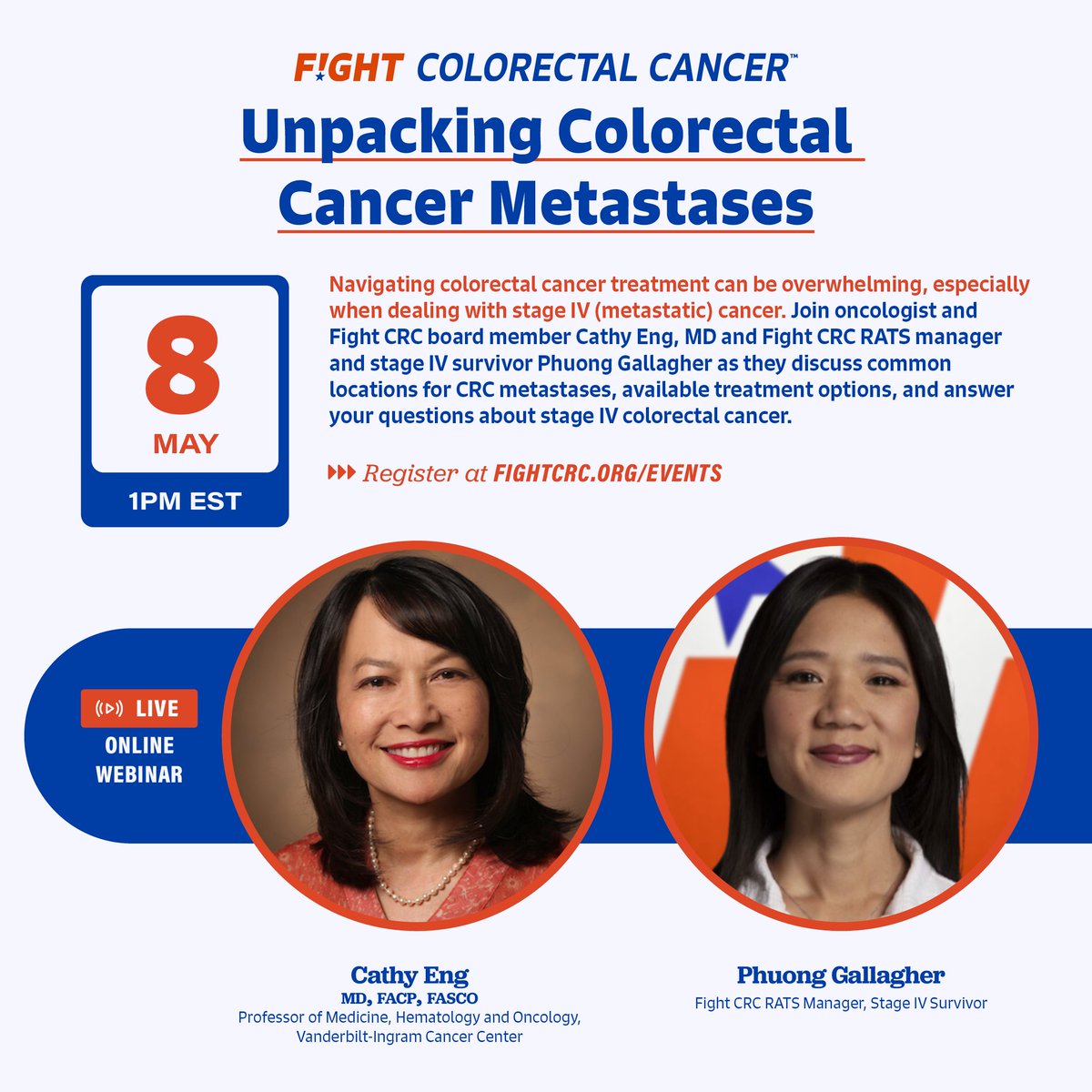 Join @CathyEngMD and @CancerInsider as they discuss common locations for #CRC metastases, available treatment options, and answer your questions about stage IV #ColorectalCancer. @VUMCDiscoveries @VUMCHemOnc @VUMC_Cancer fightcrc.zoom.us/webinar/regist…