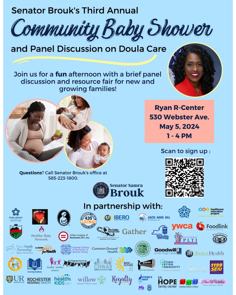 Spend this afternoon with a brief panel discussion on doula care and resource fair for new and growing families at @SenatorBrouk Third Annual Community Baby Shower, 1-4pm.