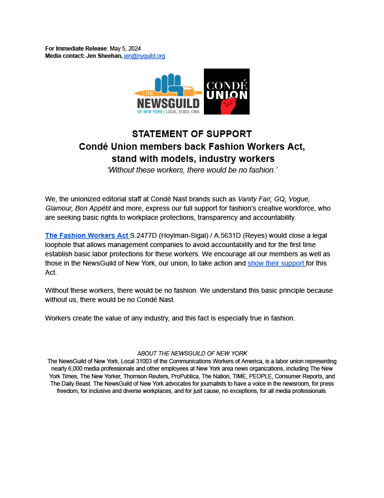 HAPPENING NOW: @condeunion members are in attendance at a presser with the @ModelAllianceNY -- in full support for the Fashion Workers Act. Read their statement here .....