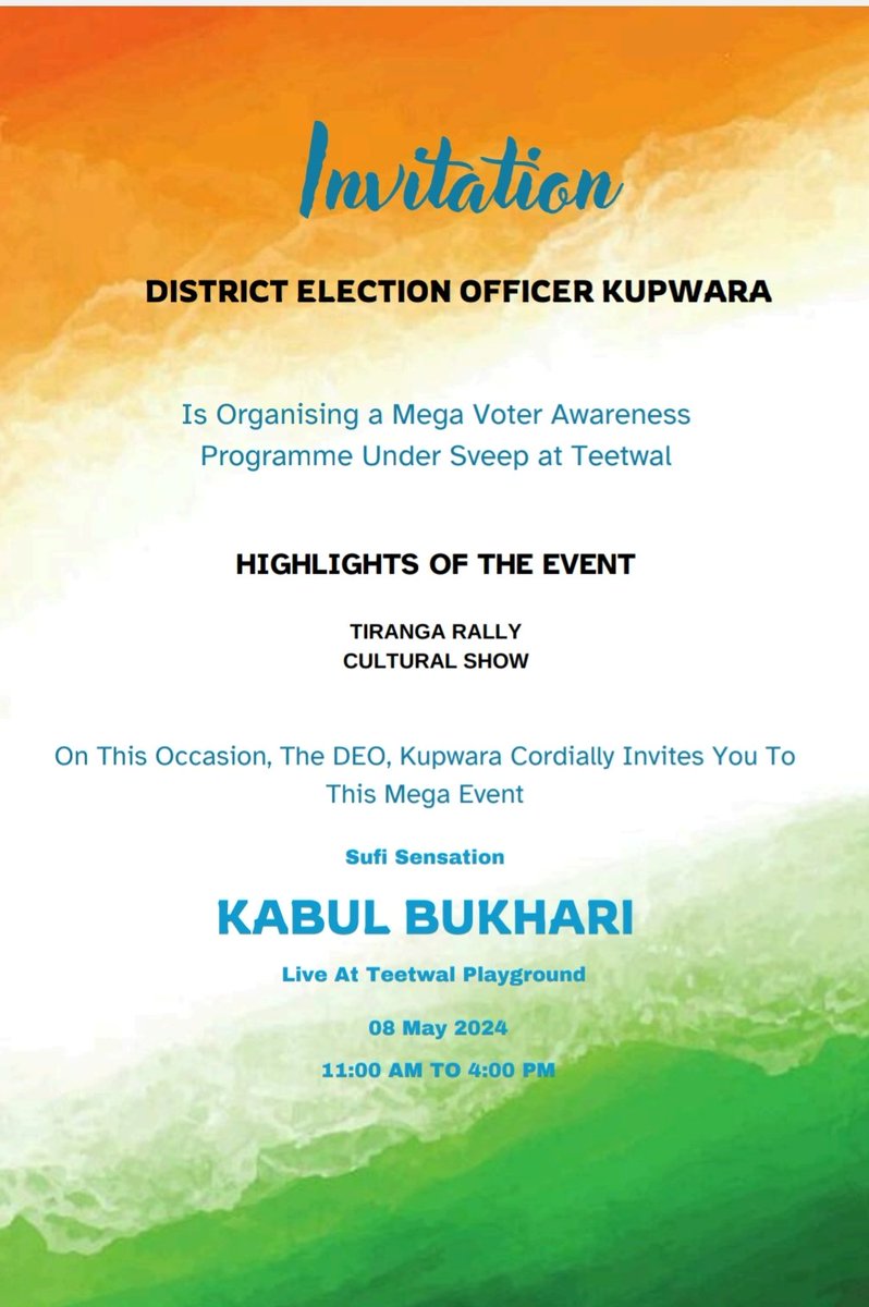 #LokSabhaElection2024 INVITATION! Mega Voter Awareness Programme under SVEEP at Teetwal, Karnah #ChunavKaParv #DeshKaGarv #IVote4Sure #NoVoterToBeLeftBehind @OfficeOfLGJandK @ceo_UTJK @ECISVEEP @DivComKash @infokupwara @diprjk @SudanAyushi @PIB_India @DDNewslive