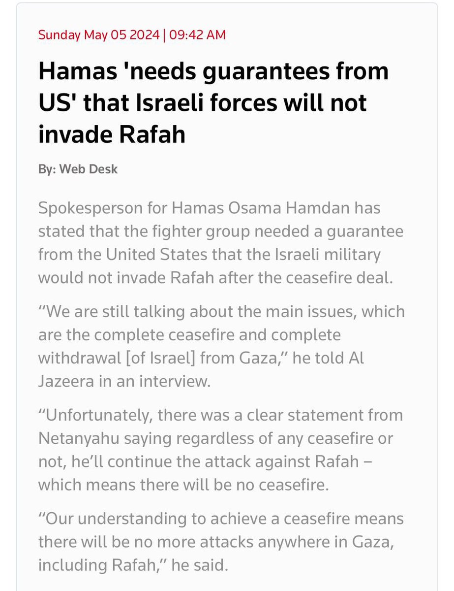 Hamas wants US to guarantee that @IDF will not invade Rafah. This is stupid. @netanyahu has already said that every Hamas member is a “dead man walking”. That is the only guarantee that the state of Israel is willing to give. Take it or take it. It will not end with the