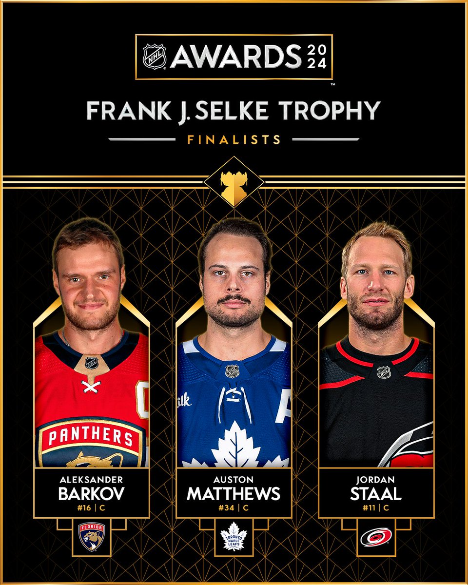 Aleksander Barkov, Auston Matthews and Jordan Staal are the three finalists for the 2023-24 Frank J. Selke Trophy. #NHLAwards: media.nhl.com/public/news/17…