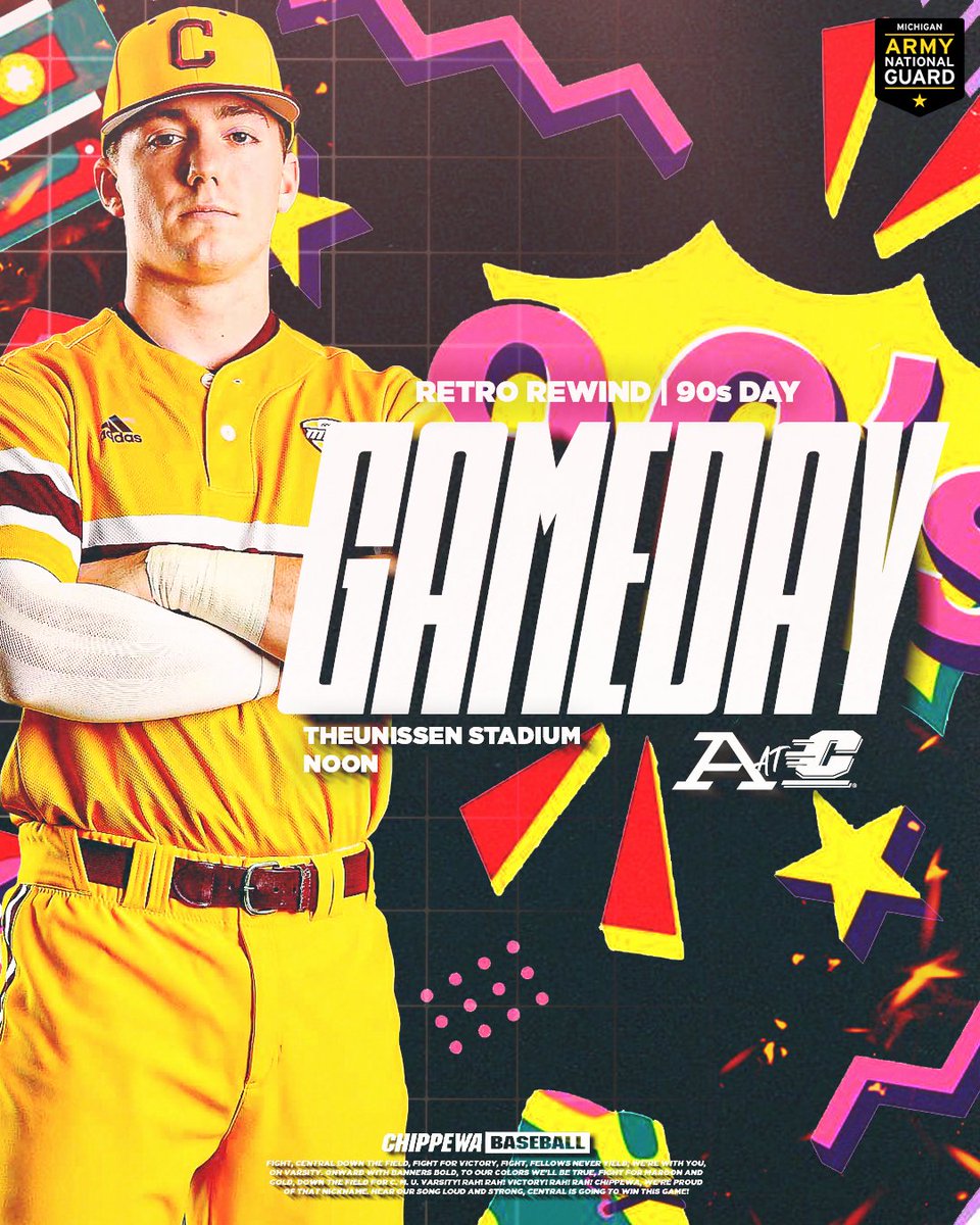 Closing out our series with 90s day! 🥳 🆚 Akron ⏰ Noon 📍 Mount Pleasant, MI 🏟️ Theunissen Stadium 📊 bit.ly/4cuSiYc 📻 bit.ly/3TS6XFJ 📺 cmuchippewas.com/watch #FireUpChips🔥⬆️⚾️