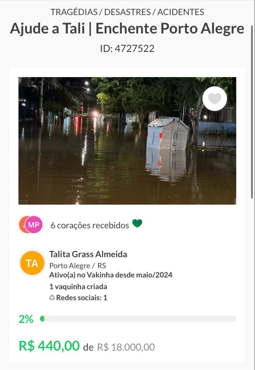 🚨AJUDEM A TALI 🚨 Quem puder ajudar, por favor, compartilhem e façam uma doação na vaquinha on-line . A @tali_grass é quadrinista de Porto Alegre e uma amiga muito querida. Ela está precisando da nossa ajuda! A casa dela foi alagada na enchente. vakinha.com.br/4727522