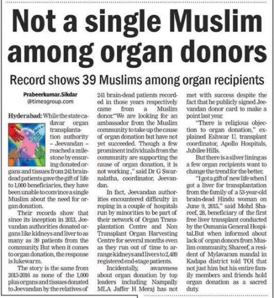 They know only to take. Organ donation is haram in their culture. These butchers call us kafirs and call for a genocide of the same. But have no shame while receiving the organs or blood from us Kafirs. How appalling!