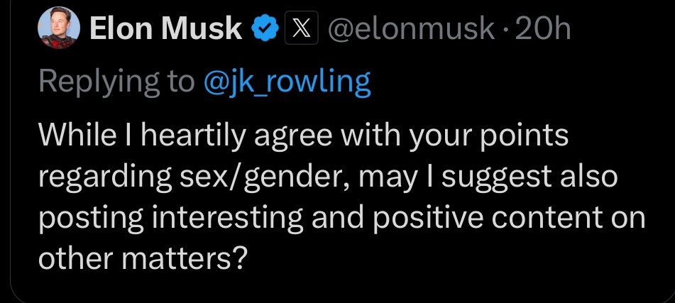 The TERFS are big mad about this. “Elon fawns over VERY racist rage farmers all the time and doesn’t tell *them* to change topics,” they say. True! But *this is the place you have chosen to occupy* in the hierarchy by which rightoids operate. Congrats on allying with them!