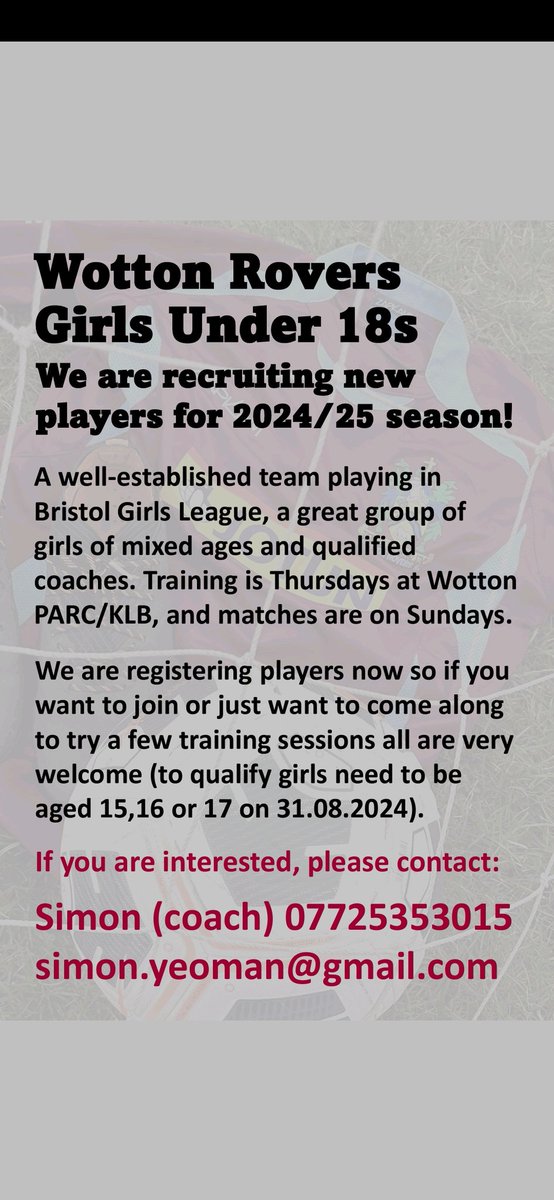 Wotton Rovers FC (@wotton_rovers) on Twitter photo Wotton Rovers Youth FC is recruting U18 players for our girls team for next season. <a href="/glos_girl_footy/">Glos Girls Footy</a> <a href="/GirlsBristol/">Bristol Girls Football League</a> Wotton Rovers Youth FC is recruting U18 players for our girls team for next season. <a href="/glos_girl_footy/">Glos Girls Footy</a> <a href="/GirlsBristol/">Bristol Girls Football League</a>