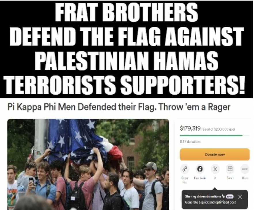 This is fantastic.  Not only did the Pi Kappa Phi Men  defend Old Glory, they are taking donations and, so far they are raking in $179,319.00