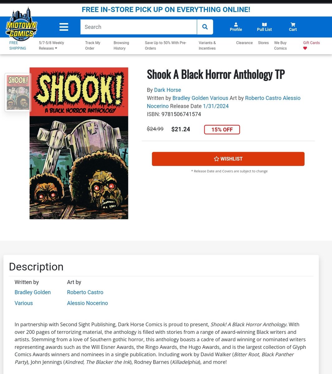 Just found out Shook! A Black Horror Anthology has sold out for the second time at Midtown Comics. It's great to see this title still selling out 4 months after release. @DarkHorseComics @MidtownComics