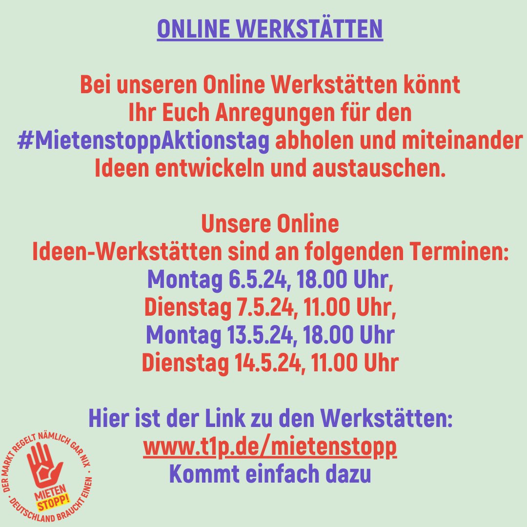 Deutscher Mieterbund LV Bayern e.V. (@dmb_bayern) on Twitter photo Wir unterstützen die Kampagne <a href="/MietenstoppDE/">Mietenstopp Deutschland | 🖐🏽🏡</a> und werden uns auch am #MietenstoppAktionstag, dem 15. Juni 2024 engagieren. Im Vorfeld gibt es einige Online Werstätten. Zu diesen wollen wir Euch herzlich einladen! Los geht's am 6. Mai um 18:00 - mehr 👉 mietenstopp.de/jetzt-mitmache… Wir unterstützen die Kampagne <a href="/MietenstoppDE/">Mietenstopp Deutschland | 🖐🏽🏡</a> und werden uns auch am #MietenstoppAktionstag, dem 15. Juni 2024 engagieren. Im Vorfeld gibt es einige Online Werstätten. Zu diesen wollen wir Euch herzlich einladen! Los geht's am 6. Mai um 18:00 - mehr 👉 mietenstopp.de/jetzt-mitmache…