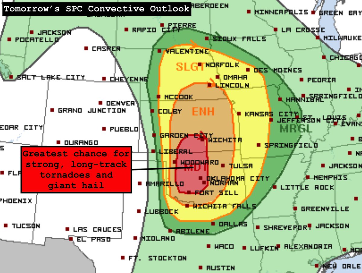 SPC upgrades to Moderate Risk (level 4/5) for tomorrow across parts of KS/OK. Here, supercells posing risk for giant hail & strong/long-track tornadoes expected tomorrow PM. Farther N, quick transition to line should limit overall risk, but all hazards psbl, incl strong tornadoes