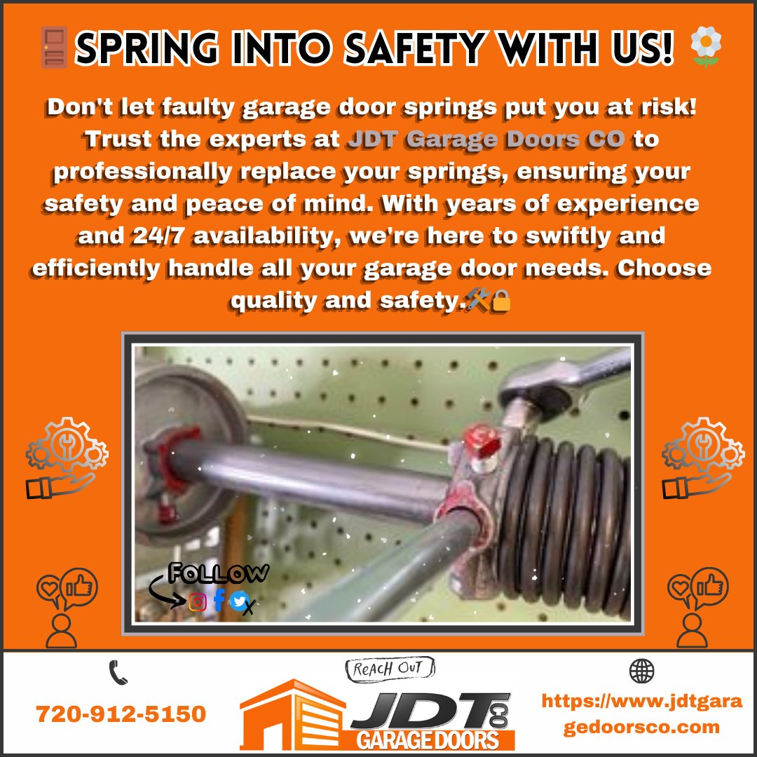 🌼🚪Don't let broken garage door springs ruin your day! Trust JDT Garage Doors CO to replace them safely and efficiently.

#SpringReplacement #SafetyFirst #GarageDoorPanelReplacement #UpgradeYourSpace #GarageDoorRepair #ExpertService #SafetyFirst #GarageDoorExperts #DenverCO

1/2