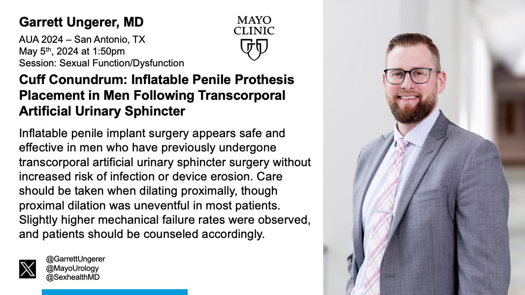 Mayo Clinic Urology (@mayourology) on Twitter photo Today at the Sexual Function/Dysfunction session, catch <a href="/GarrettUngerer/">Garrett Ungerer</a> presenting "Cuff Conundrum: Inflatable Penile Prosthesis Placement in Men Following Transcorporal Artificial Urinary Sphincter".
#AUA24
⏰ 1:50pm Today at the Sexual Function/Dysfunction session, catch <a href="/GarrettUngerer/">Garrett Ungerer</a> presenting "Cuff Conundrum: Inflatable Penile Prosthesis Placement in Men Following Transcorporal Artificial Urinary Sphincter".
#AUA24
⏰ 1:50pm