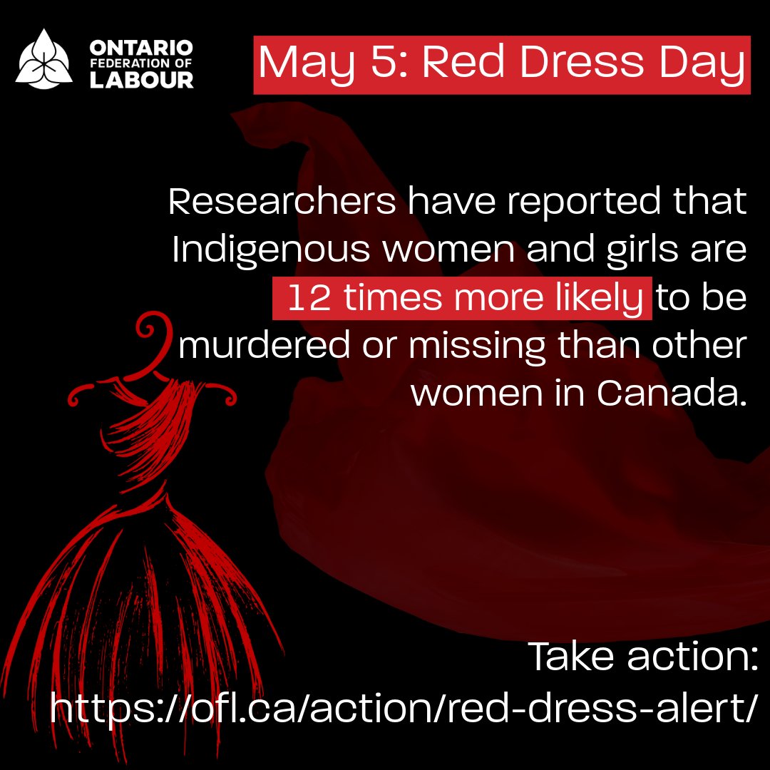 Today marks #RedDressDay, raising awareness about Missing and Murdered Indigenous Women, Girls & Two Spirit+ people in Canada. The response times to reports of missing Indigenous women, girls, or Two-Spirit persons are far too slow. Take action: ofl.ca/action/red-dre… #CdnPoli