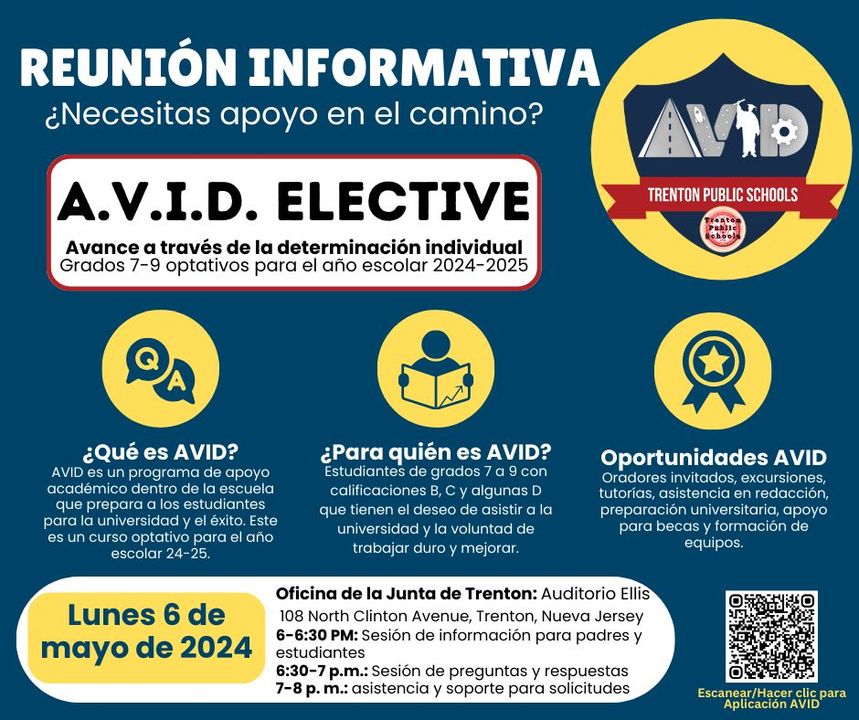 TrentonPublicSc's tweet photo. Current 6th, 7th, and 8th grade families are invited to the TPS AVID Parent Information Night on Monday, May 6, from 6-8 p.m. at the Trenton Board of Education (108 N. Clinton Ave).

For more information, the flyers, and to apply, please click here → https://t.co/M1ca8vraCk https://t.co/6Tg5vjapMA
