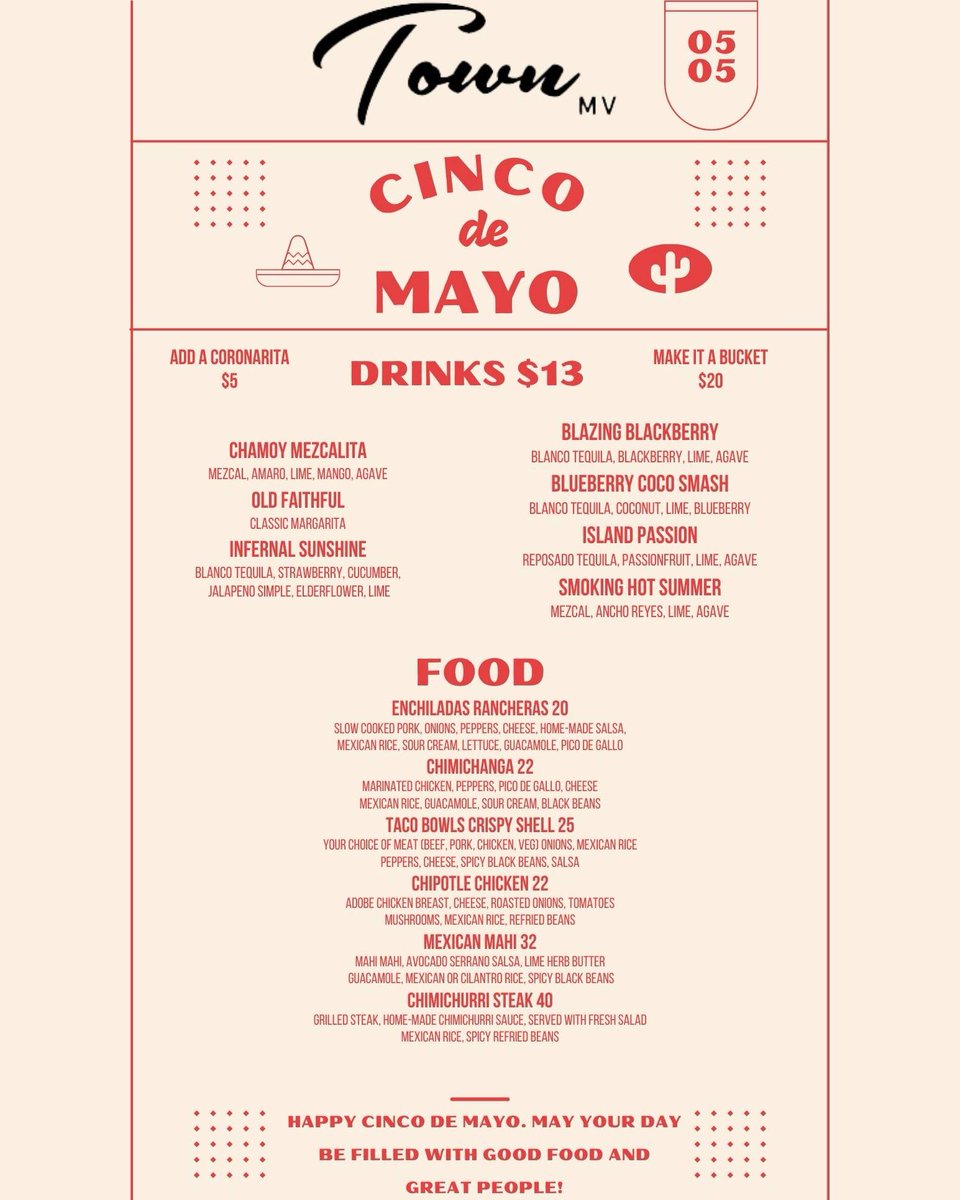 Some #CincoDeMayo2024 happenings on MV: Dos Mas is open early with $5 food & drink specials all day, specials @LoudKitchenExp starting at 11:30 + Sharky's celebrates 20th years with $5 margaritas in #OakBluffs, special menu at Town MV in #Edgartown. #restaurant #bar