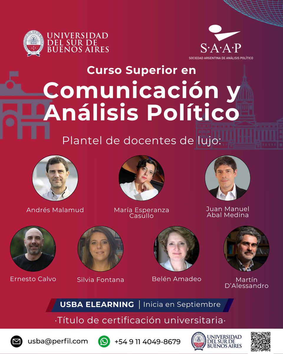 📚Curso Superior en Comunicación y Análisis Político 📅 Modalidad: 12 clases sincrónicas virtuales, los miércoles de 19:30 a 20:50, comenzando el 18/9. 🎉 Además, los socios y socias de SAAP tienen un 20% de descuento.¡Solicita tu descuento escribiendo a secretaria@saap.org.ar!