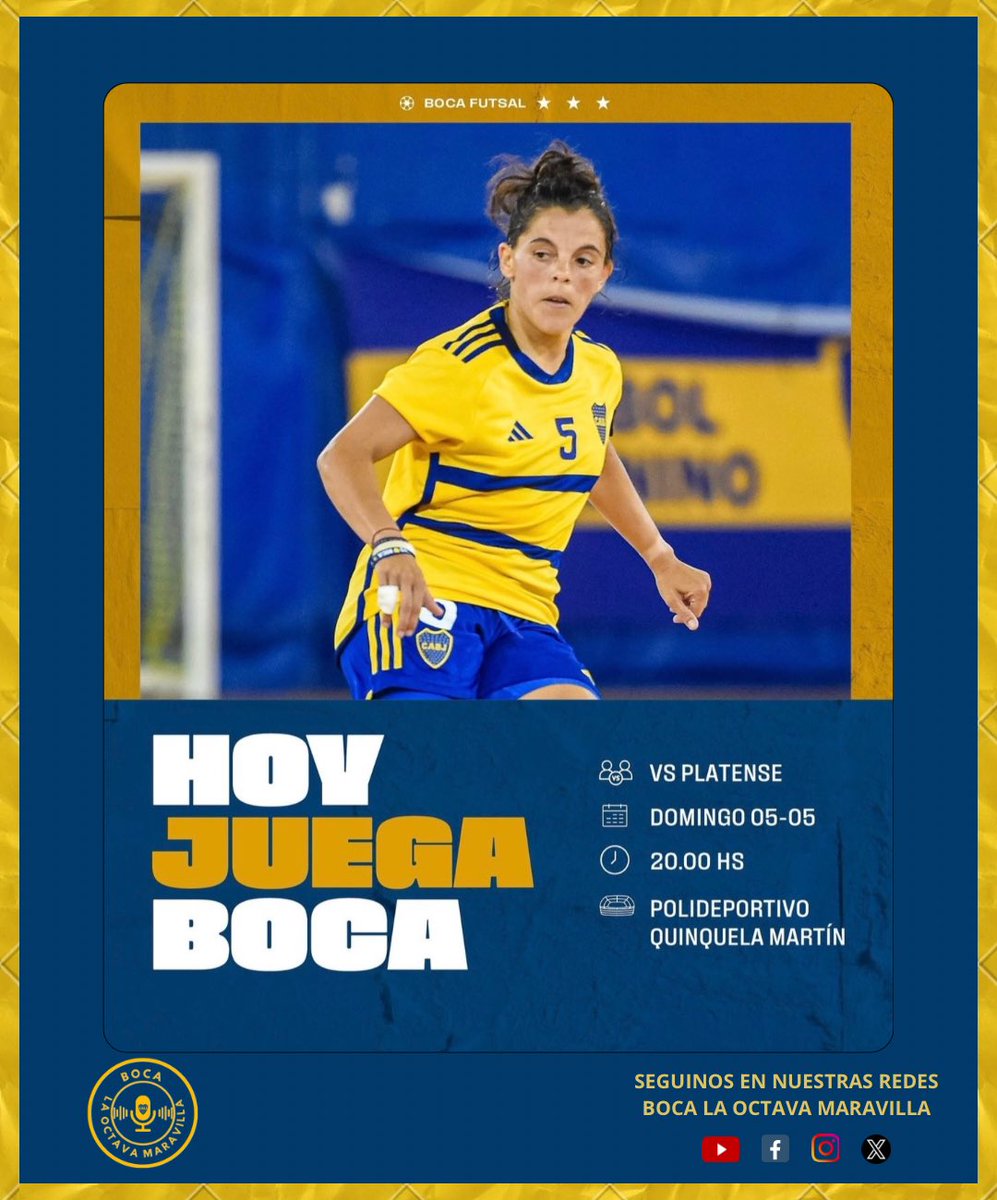 ¡𝗛𝗢𝗬 𝗝𝗨𝗘𝗚𝗔 #𝗕𝗢𝗖𝗔! 💙💛💙

⚽ #FemeninoAFA
🆚 Platense
🗓 Domingo 05/05
🕘 20:00 hs
🏟 Polideportivo Quinquela Martín 
🎫 Entrada: $3000. Socios ingresan con carnet.
💻 Canal De Boca  

#DaleBoca 🔵🟡🔵
#BocaFutsal ⚽️
#BocaLaOctavaMaravilla 🎙️