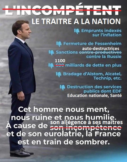 @LaTribune #MacronLeTraitre 
#MacronDestitution 
#Macron DEHORS avant que la France ne soit totalement détruite ⚠️