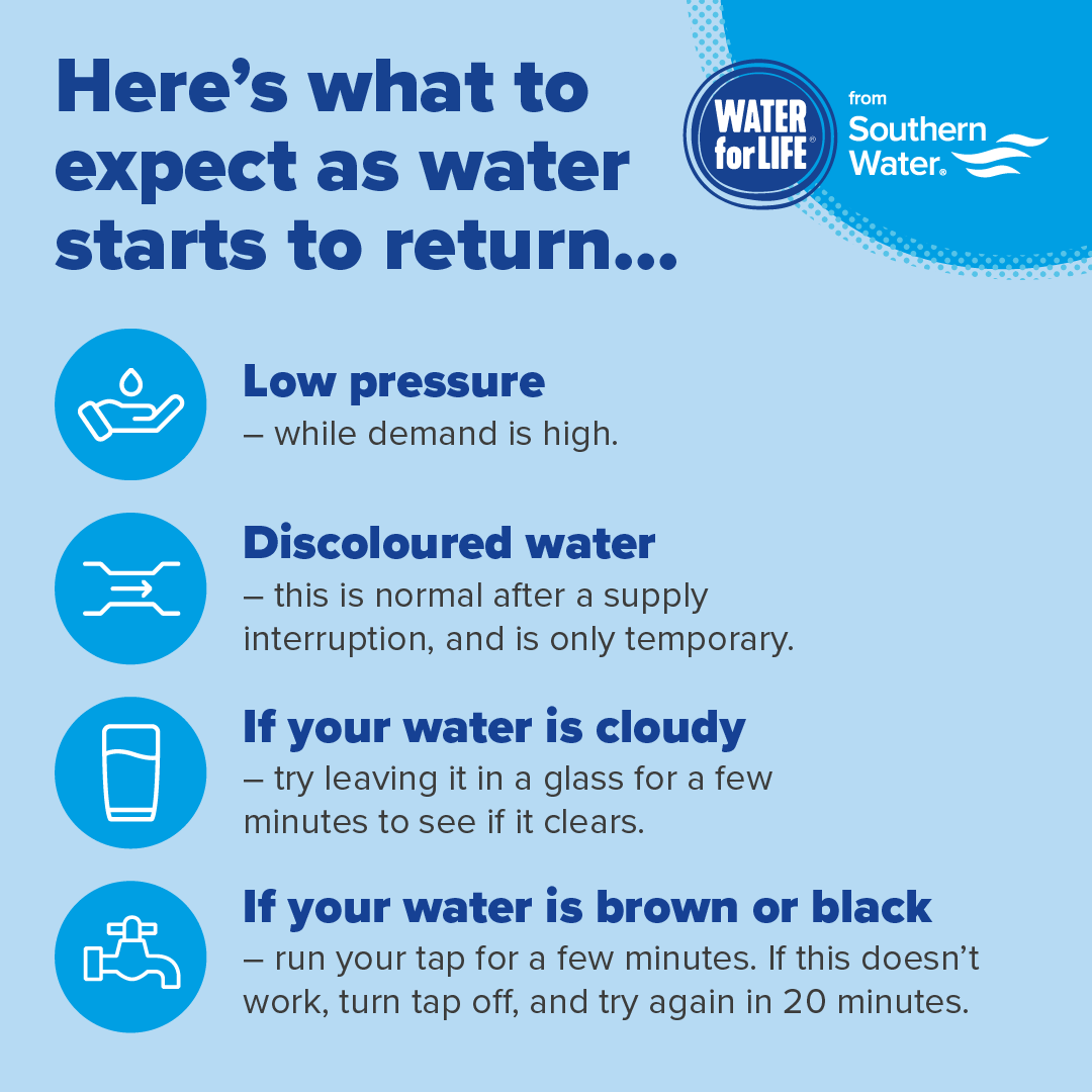 As customers’ water supplies are gradually restored in St Leonards and Hastings following Thursday's burst pipe, households may notice a temporary change in what comes out their taps. For more information about what to expect, visit our website. ow.ly/Xmg850RwGla