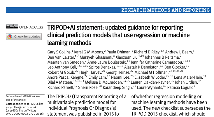 ICYMI: International consensus based recommendations for #MachineLearning studies in #healthcare (TRIPOD+AI) in @bmj_latest bmj.com/content/385/bm… Extended guidance bmj.com/content/suppl/… #ArtificialIntelligence #AI #statsX #scicomm #Stats #statstwitter #PleaseShare