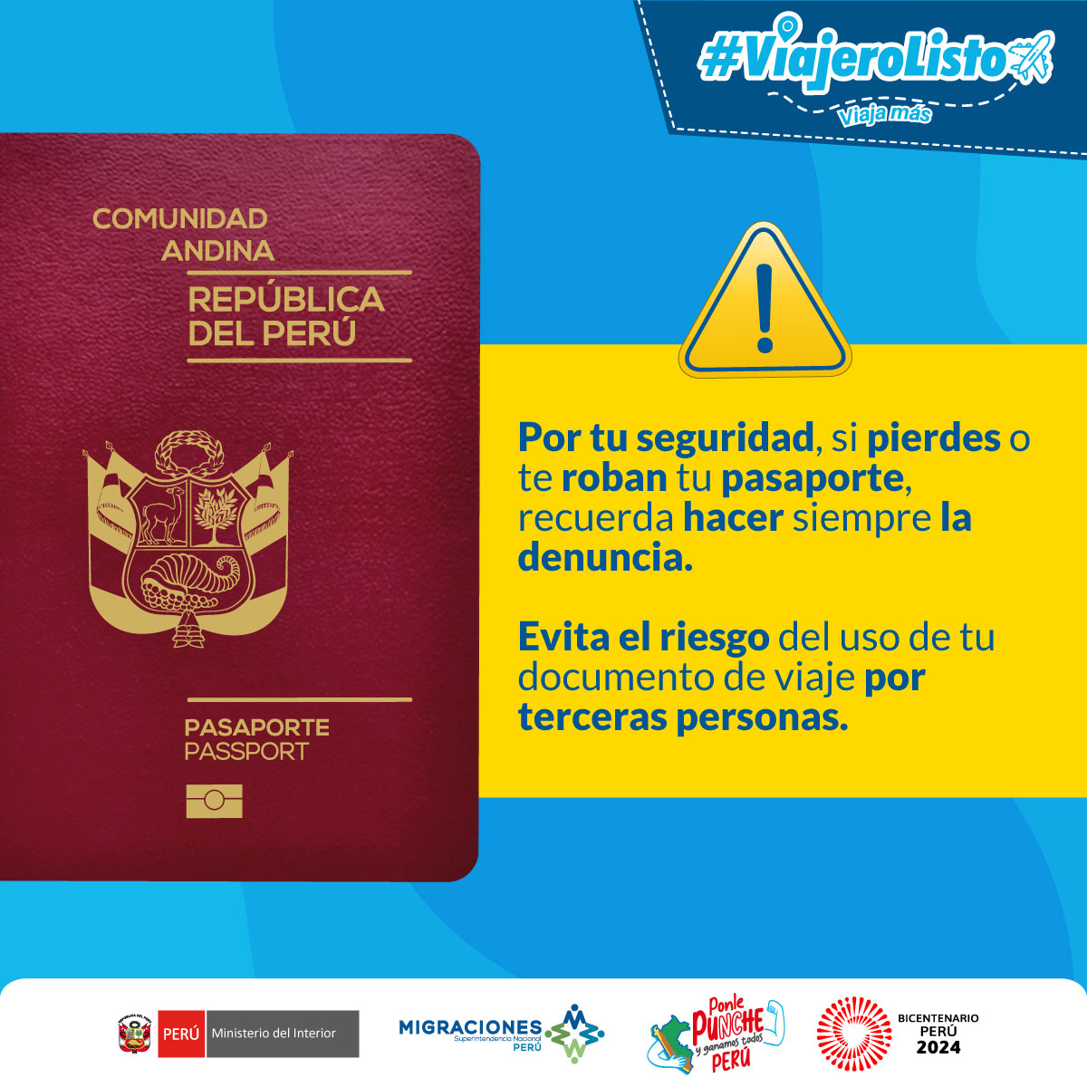 ✈️ ¡Sé un #ViajeroListo! Por tu seguridad, si pierdes o te roban tu pasaporte, recuerda hacer siempre la denuncia. Así evitarás el riesgo de que lo usen terceras personas.

#MigracionesPerú