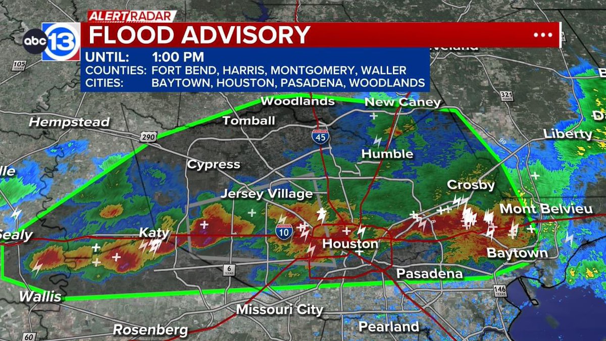 A Flood Advisory has been issued through the heart of Harris County including the city of Houston for this storm along the I-10 corridor that I've been monitoring. The advisory expires at 1:00P.M., but our Flood Watch remains through 7:00.