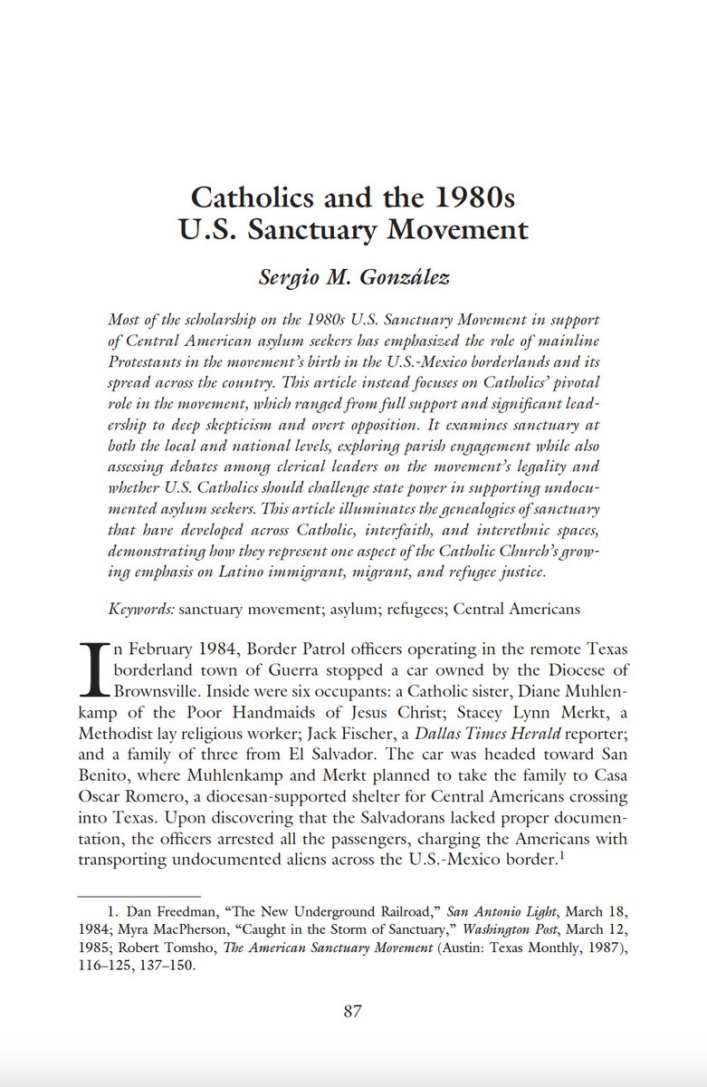 🚨New publication alert! 🚨 Check out my latest article on 1980s sanctuary, this one an examination of Catholic involvement in the movement. Glad to have it included as part of the U.S. Catholic Historian's special issue on Latino Catholicism. muse-jhu-edu.us1.proxy.openathens.net/issue/52430