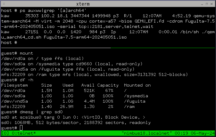 MakefileをBOOTAA64.EFI入りのcdbrを使うように改修してlivecd.isoを生成し、QEMUで起動

正常に動作。が、ISOイメージから起動したのにデバイスがsd0になってる。OSかQEMUかどちらが原因かは不明

あと、u-bootとrasp pi fwの内蔵問題
x.com/yoshi_kaw/stat…