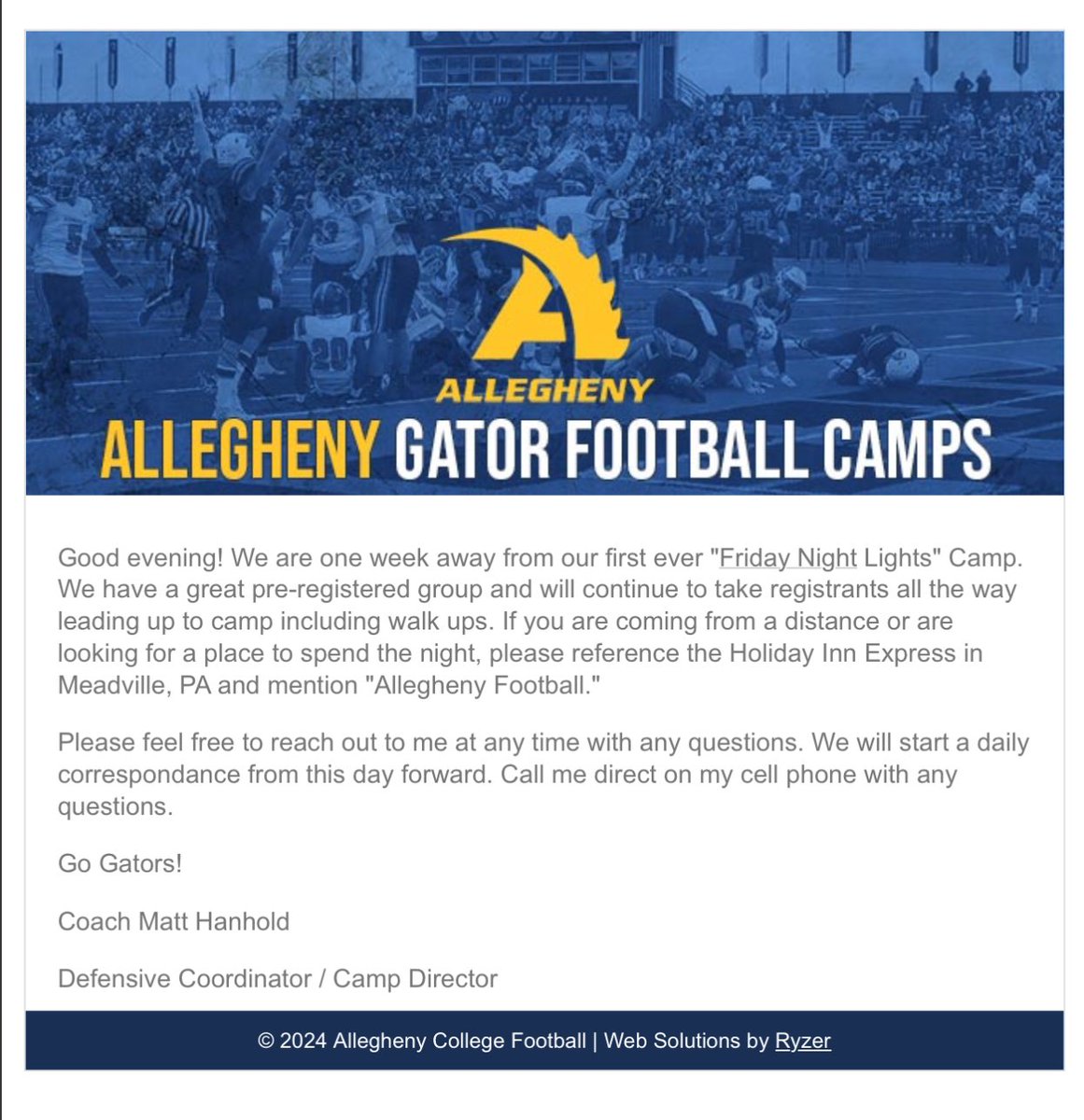 Excited to be at the @AlleghenyFB Friday night lights camps May 10th. Thank you to @CoachHanhold for the invite and can’t wait to meet you. @FitchFootball @CoachTJ_Parker