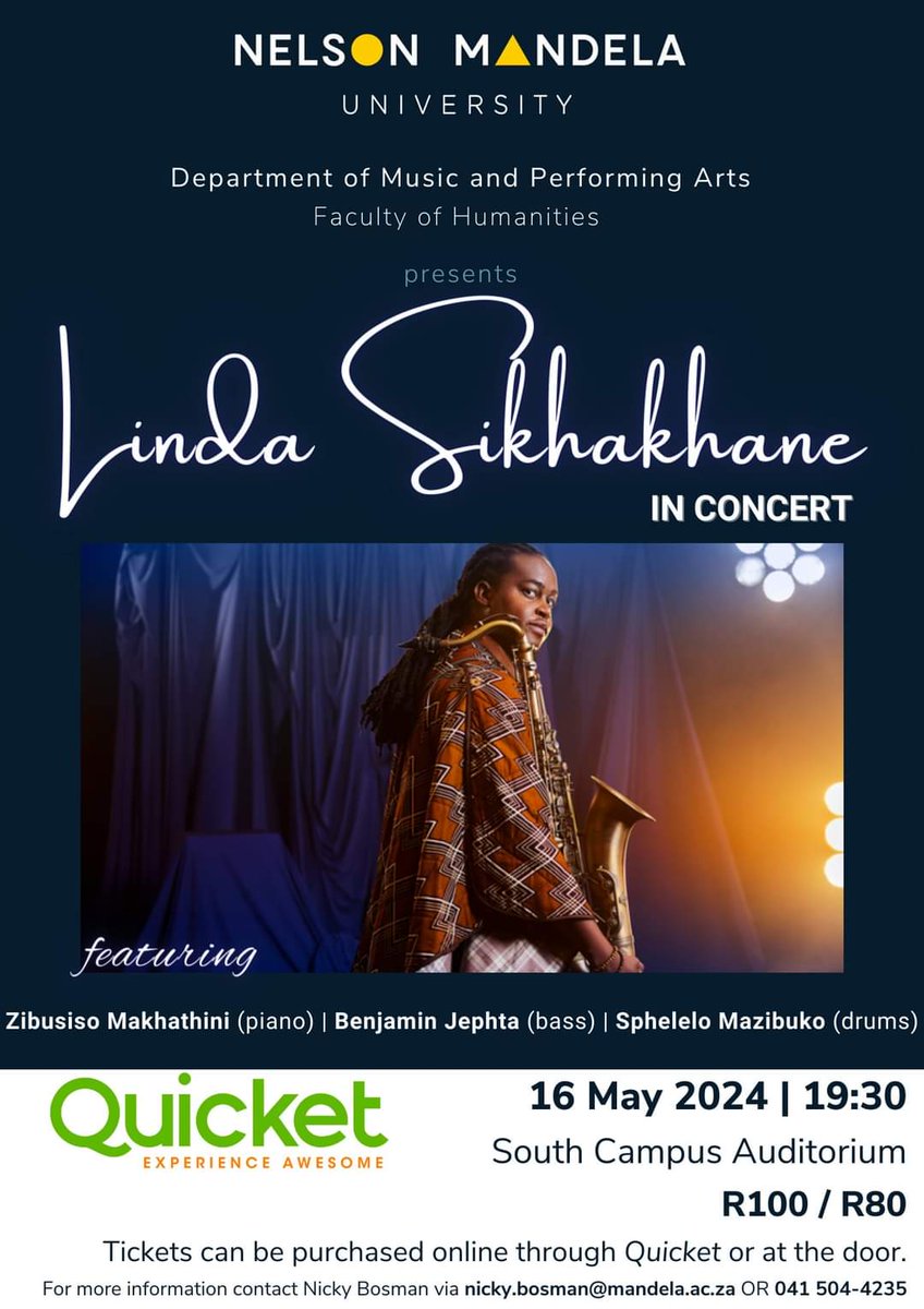 Saxophonist @LindaSikhakhane will be performing at Nelson Mandela University on Thursday 16 May. Book your seat via @QuicketSA #jazzitoutsa #Jazz #livejazz #saxophonist #blog #blogger #blogging