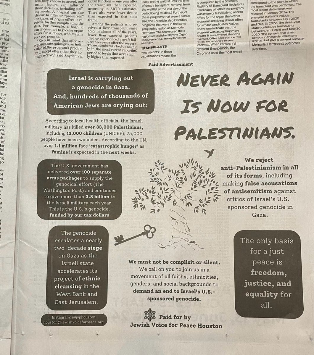 Excellent @JVP Houston ad in the @HoustonChron today! Never Again is Now for Palestinians.