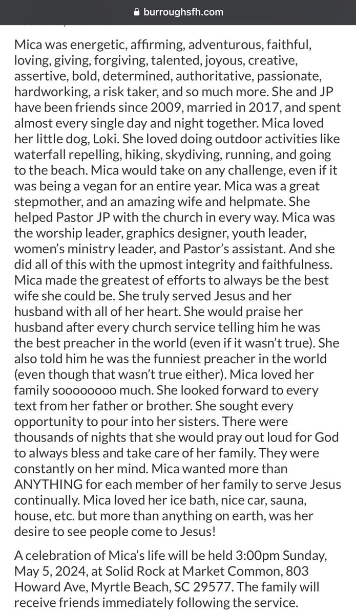 I would like to talk about Mica’s obituary. Seems pretty obvious that JP wrote it. ‘Mica made the greatest of efforts to always be the best wife she could be.’ 😠 He also refers to her as a ‘helpmate’. #justiceformica