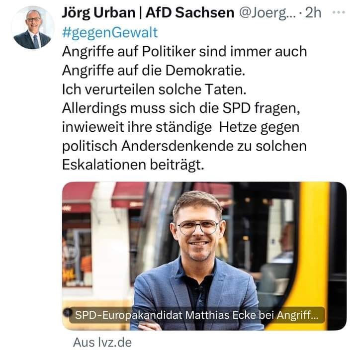 Die Täter-Opfer-Umkehr, die hier von Jörg Urban, AfD-Vorsitzende aus Sachsen, betrieben wird ist kein Einzelfall. 

Die Täter-Opfer-Umkehr, bei der eine Mitschuld der Betroffene suggeriert wird, ist als Aufruf zu weiteren Angriffen zu verstehen. 

#Antifa #NoAfD #FightBack