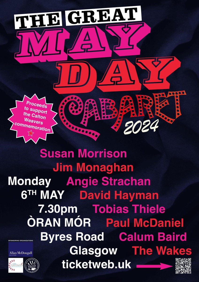 Join us tomorrow at @OranMorGlasgow for the annual Great may day Cabaret. I'll be reading poems alongside some real class acts