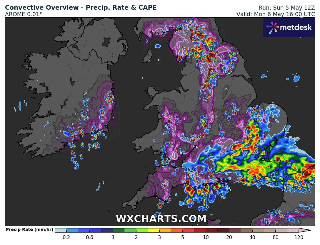 Heavy showers developing across central and northern areas over any converging winds this afternoon. A few could become thundery in nature though nothing severe is expected. Wet one for the south east but an improving picture from tomorrow forward. #ukweather