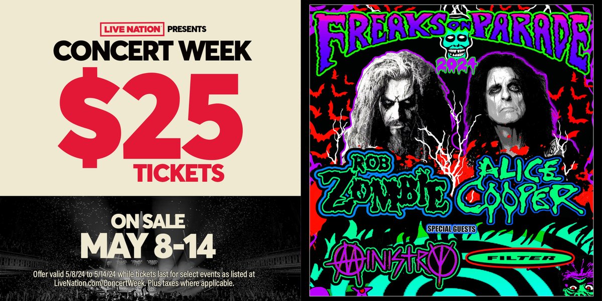 Live Nation’s Concert Week kicks off today and that means you can get tickets to our upcoming Freaks on Parade shows for $25 while supplies last thru Tues, May 14th!🎃Head to LiveNation.com/ConcertWeek for details🎃

#FreaksOnParade #RobZombie #AliceCooper #Ministry #Filter #OnTour
