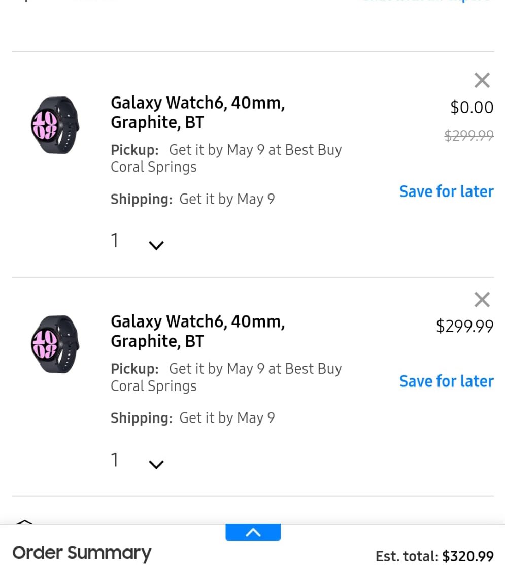 🔥🔥🔥🔥🏃🏾‍♀️🏃🏾‍♀️🏃🏾‍♀️🏃🏾‍♀️ Buy 1 Samsung Galaxy Watch6  and get 1 free .

1. Click the link
2. Select Galaxy Watch 6 for $299.99
3. Select the 'Bluetooth/Wifi' option.
4. Select 'No' under the trade-in question.
5. Select 'No coverage' under Samsung Care+.
6. Add the Watch to your cart.
7.