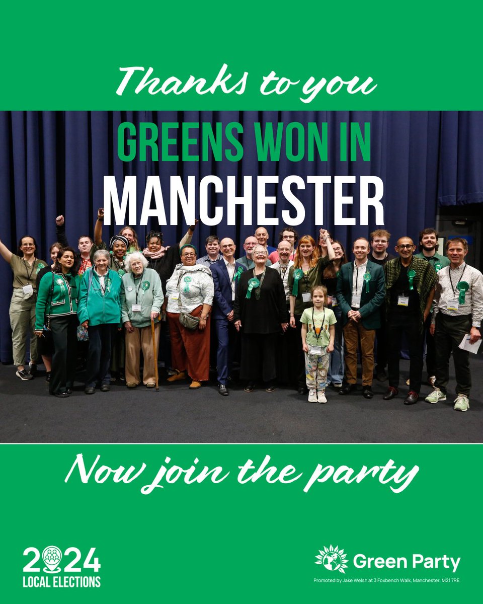 🙌 Thanks to you, we won again in Manchester this week!

💚 Want to make our movement even bigger?

Join us now: ⤵️

join.greenparty.org.uk 

#GetGreensElected #LocalElections2024